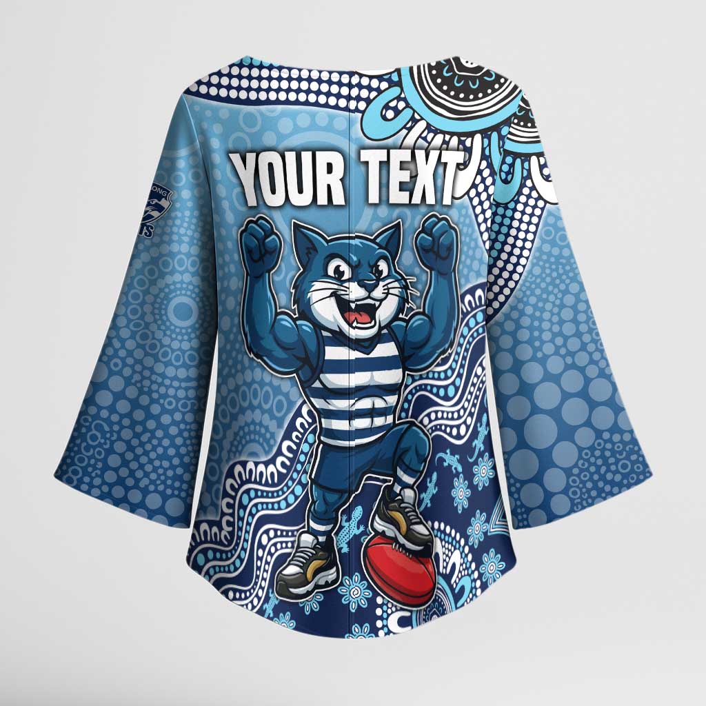 Personalized Geelong Cats Football Mascot Kimono Sleeve Blouse Aboriginal Dot Art Style Vibrant Indigenous Pattern Design