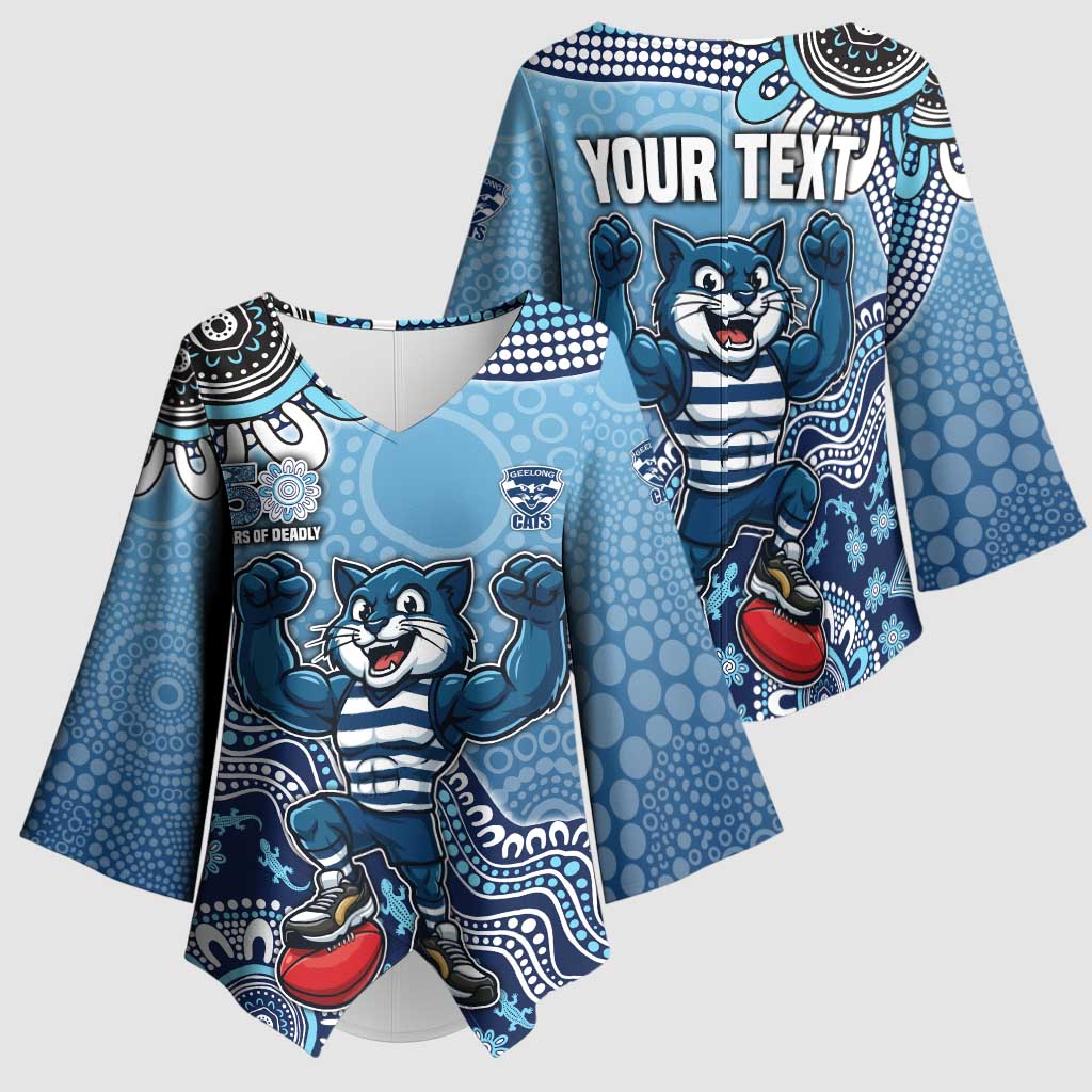 Personalized Geelong Cats Football Mascot Kimono Sleeve Blouse Aboriginal Dot Art Style Vibrant Indigenous Pattern Design