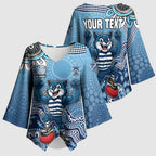 Personalized Geelong Cats Football Mascot Kimono Sleeve Blouse Aboriginal Dot Art Style Vibrant Indigenous Pattern Design