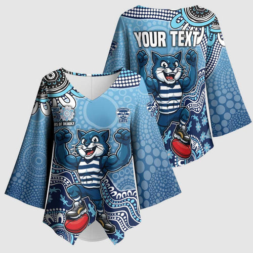 Personalized Geelong Cats Football Mascot Kimono Sleeve Blouse Aboriginal Dot Art Style Vibrant Indigenous Pattern Design