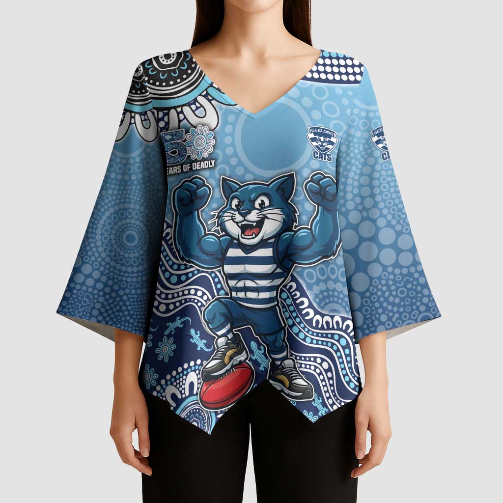 Personalized Geelong Cats Football Mascot Kimono Sleeve Blouse Aboriginal Dot Art Style Vibrant Indigenous Pattern Design
