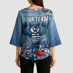 Personalized Geelong Cats Football Mascot Kimono Sleeve Blouse Aboriginal Dot Art Style Vibrant Indigenous Pattern Design