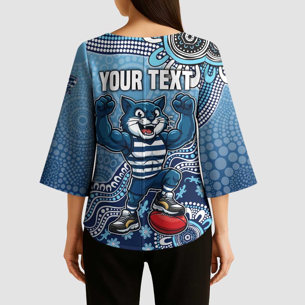 Personalized Geelong Cats Football Mascot Kimono Sleeve Blouse Aboriginal Dot Art Style Vibrant Indigenous Pattern Design