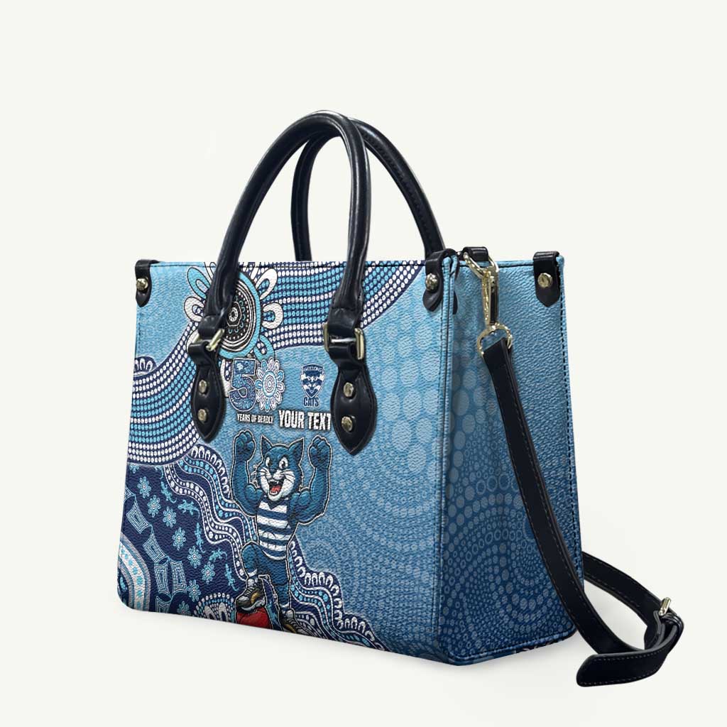 Personalized Geelong Cats Football Mascot Leather Bag Aboriginal Dot Art Style Vibrant Indigenous Pattern Design