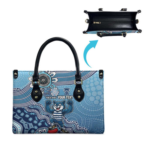 Personalized Geelong Cats Football Mascot Leather Bag Aboriginal Dot Art Style Vibrant Indigenous Pattern Design