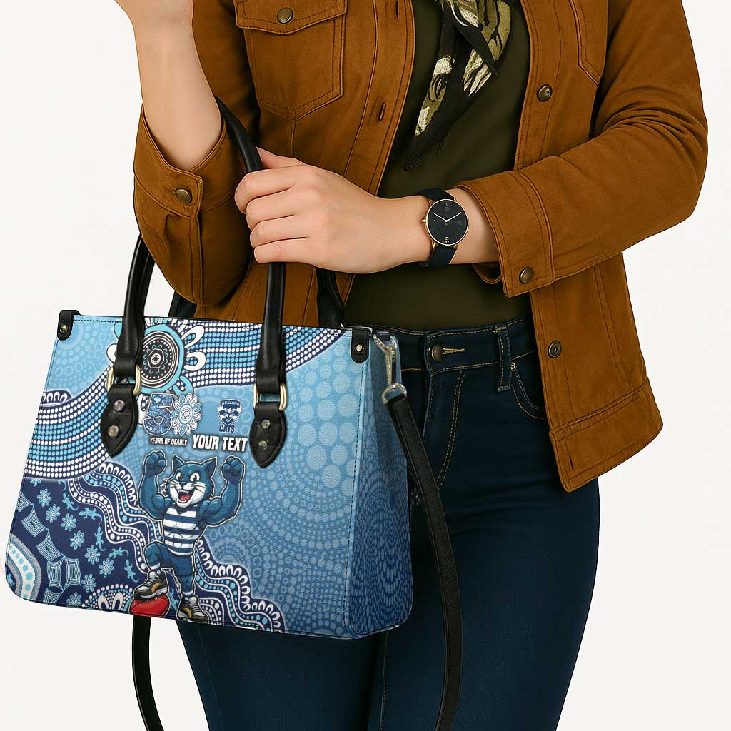 Personalized Geelong Cats Football Mascot Leather Bag Aboriginal Dot Art Style Vibrant Indigenous Pattern Design