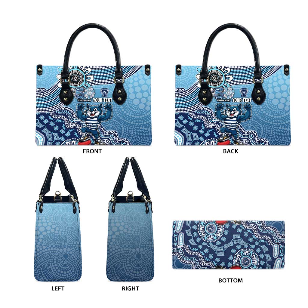 Personalized Geelong Cats Football Mascot Leather Bag Aboriginal Dot Art Style Vibrant Indigenous Pattern Design