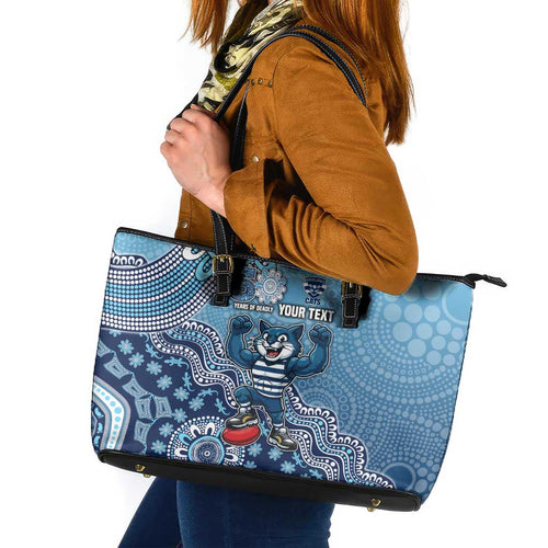 Personalized Geelong Cats Football Mascot Leather Tote Bag Aboriginal Dot Art Style Vibrant Indigenous Pattern Design