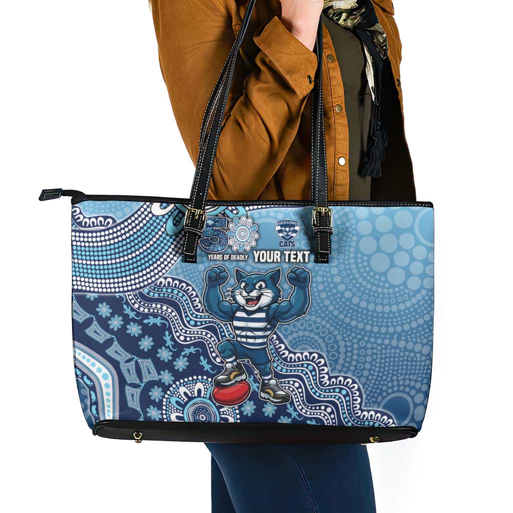 Personalized Geelong Cats Football Mascot Leather Tote Bag Aboriginal Dot Art Style Vibrant Indigenous Pattern Design