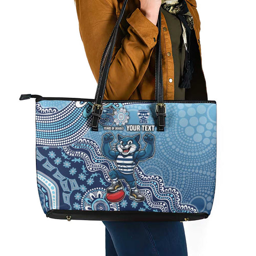 Personalized Geelong Cats Football Mascot Leather Tote Bag Aboriginal Dot Art Style Vibrant Indigenous Pattern Design