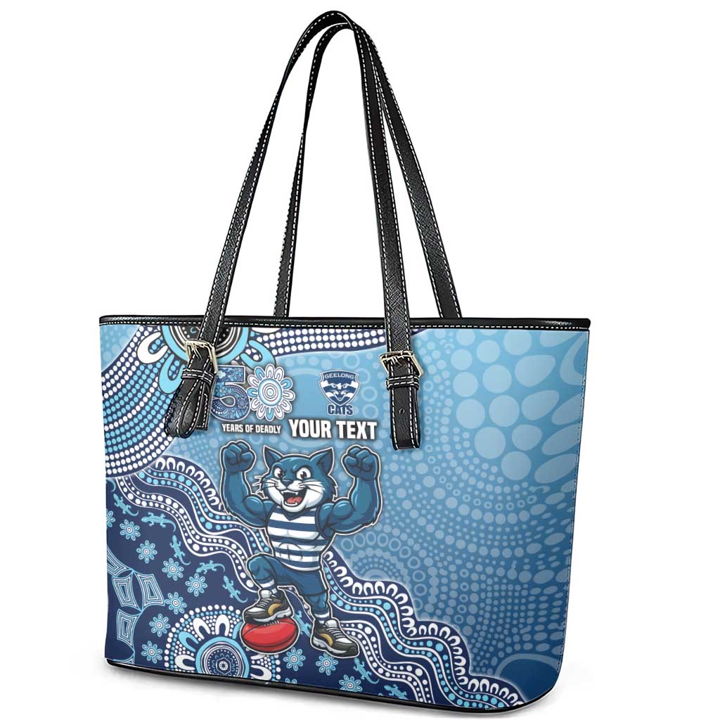 Personalized Geelong Cats Football Mascot Leather Tote Bag Aboriginal Dot Art Style Vibrant Indigenous Pattern Design
