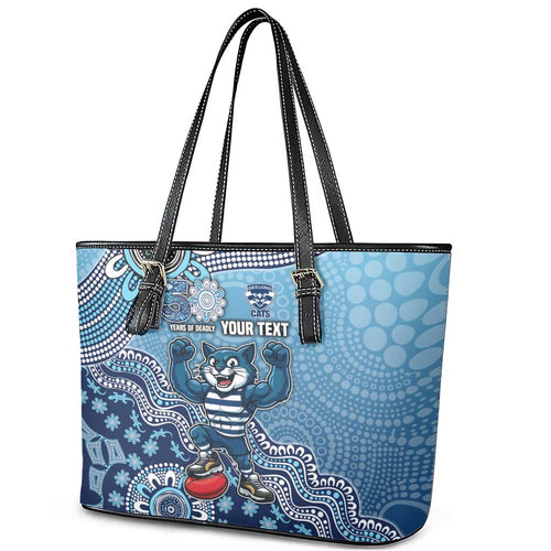 Personalized Geelong Cats Football Mascot Leather Tote Bag Aboriginal Dot Art Style Vibrant Indigenous Pattern Design