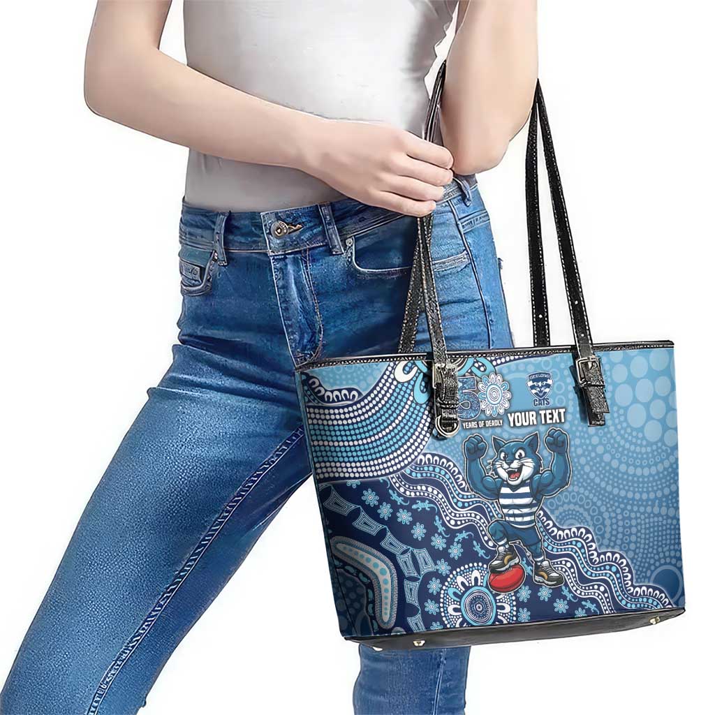 Personalized Geelong Cats Football Mascot Leather Tote Bag Aboriginal Dot Art Style Vibrant Indigenous Pattern Design