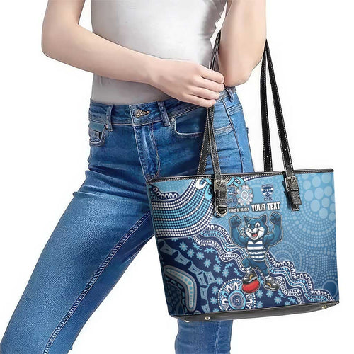 Personalized Geelong Cats Football Mascot Leather Tote Bag Aboriginal Dot Art Style Vibrant Indigenous Pattern Design