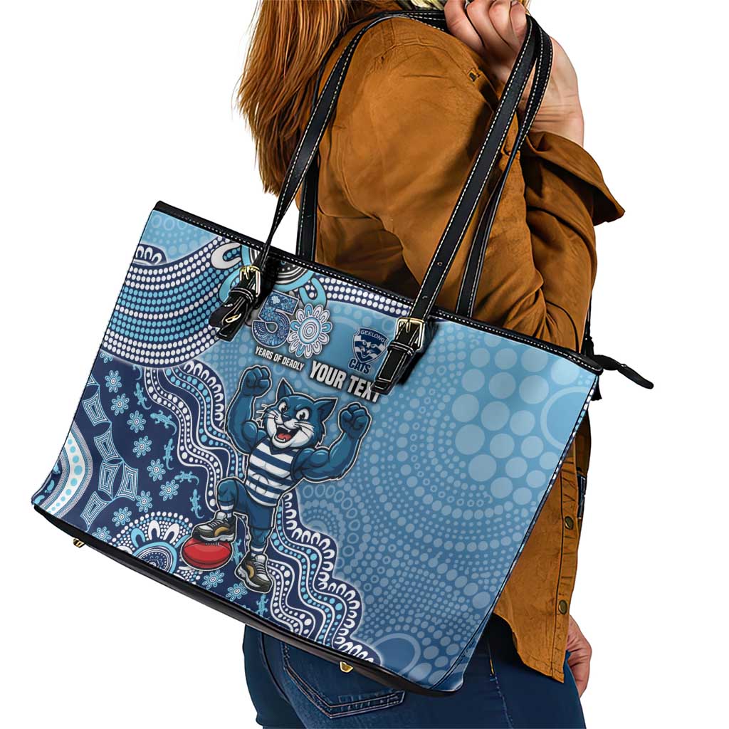 Personalized Geelong Cats Football Mascot Leather Tote Bag Aboriginal Dot Art Style Vibrant Indigenous Pattern Design