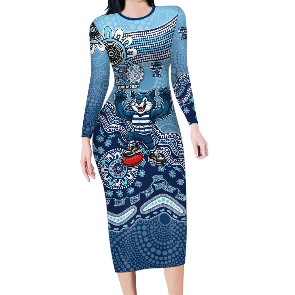 Personalized Geelong Cats Football Mascot Long Sleeve Bodycon Dress Aboriginal Dot Art Style Vibrant Indigenous Pattern Design
