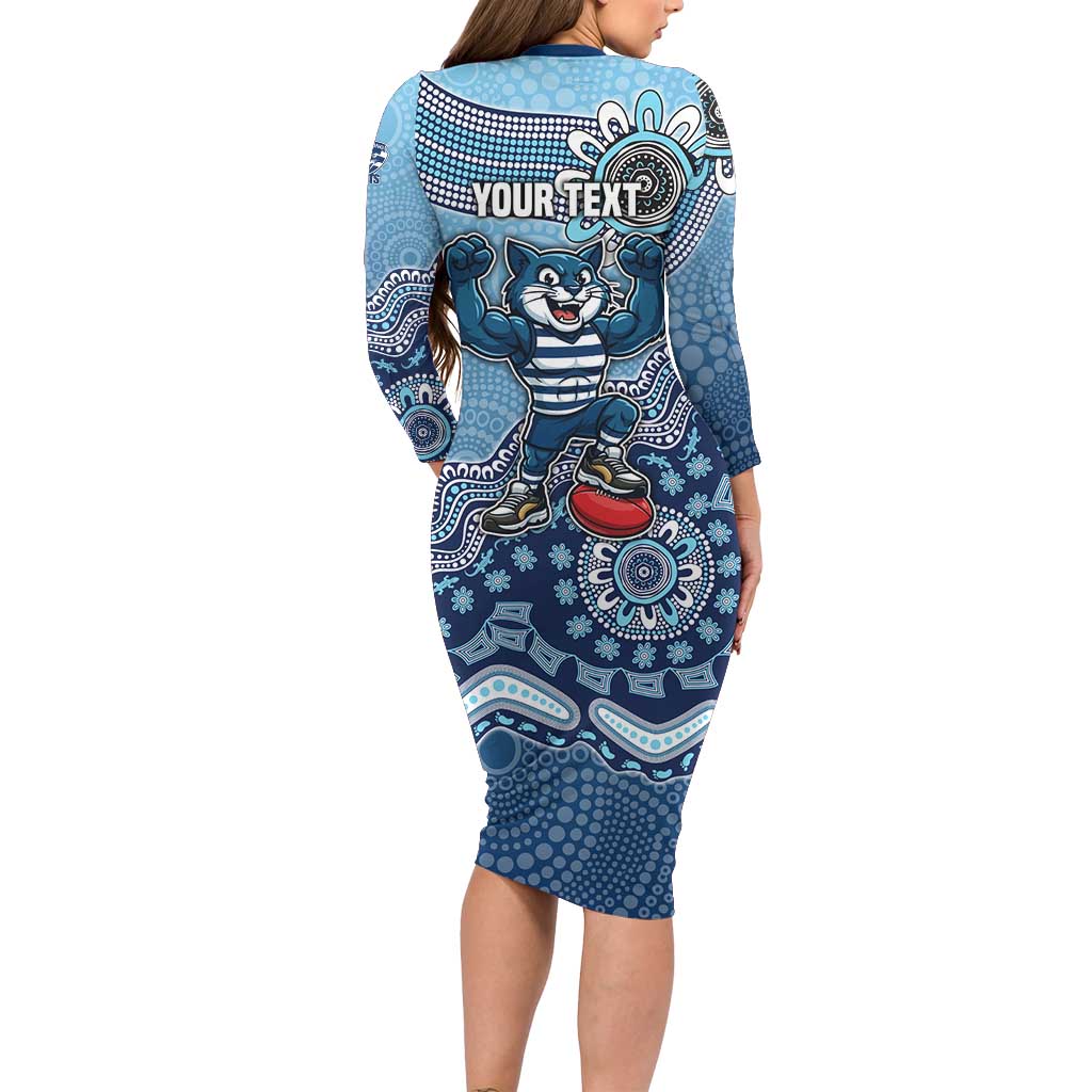 Personalized Geelong Cats Football Mascot Long Sleeve Bodycon Dress Aboriginal Dot Art Style Vibrant Indigenous Pattern Design