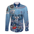Personalized Geelong Cats Football Mascot Long Sleeve Button Shirt Aboriginal Dot Art Style Vibrant Indigenous Pattern Design