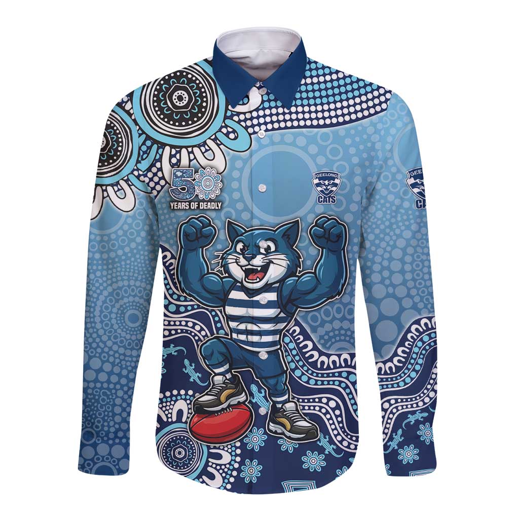 Personalized Geelong Cats Football Mascot Long Sleeve Button Shirt Aboriginal Dot Art Style Vibrant Indigenous Pattern Design