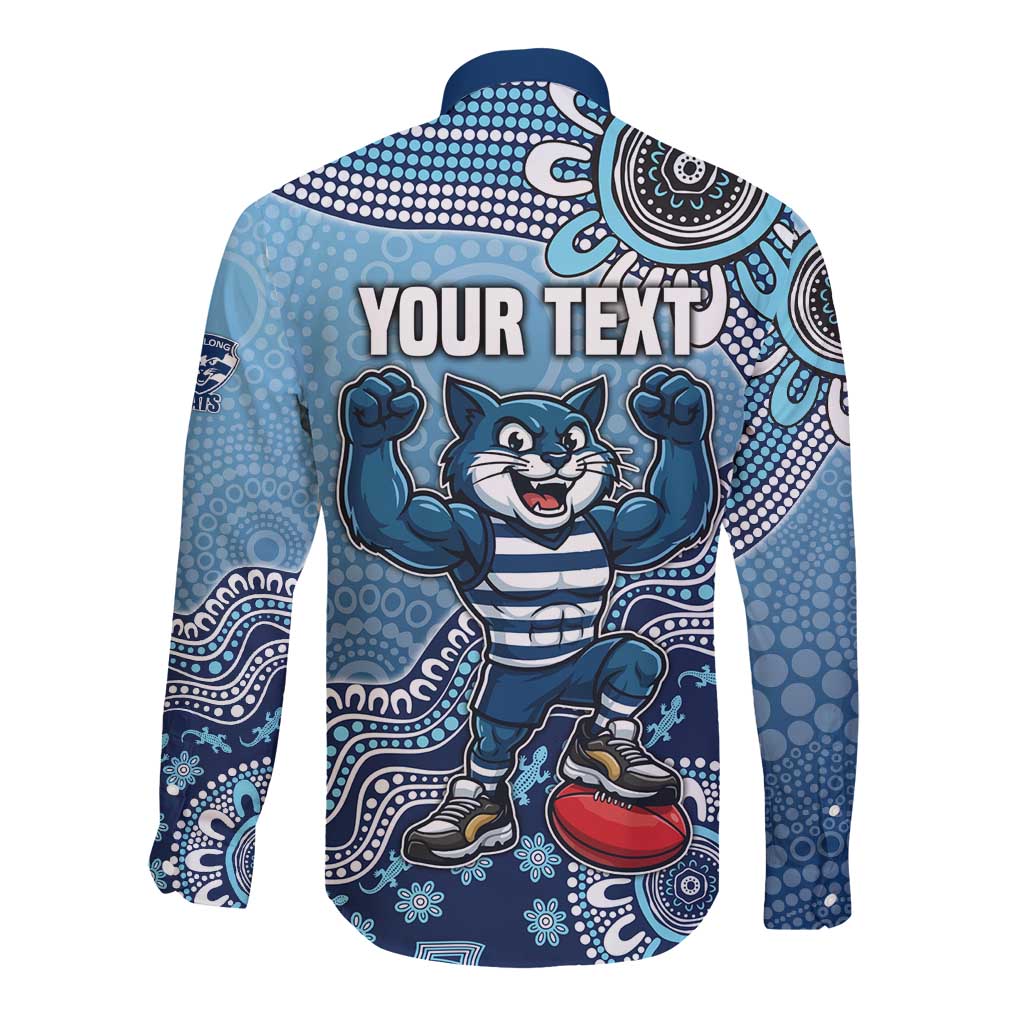 Personalized Geelong Cats Football Mascot Long Sleeve Button Shirt Aboriginal Dot Art Style Vibrant Indigenous Pattern Design