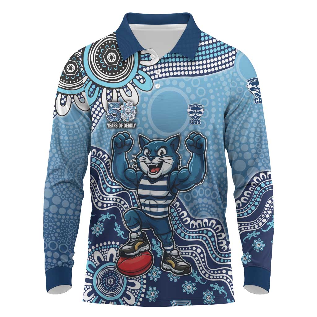 Personalized Geelong Cats Football Mascot Long Sleeve Polo Shirt Aboriginal Dot Art Style Vibrant Indigenous Pattern Design
