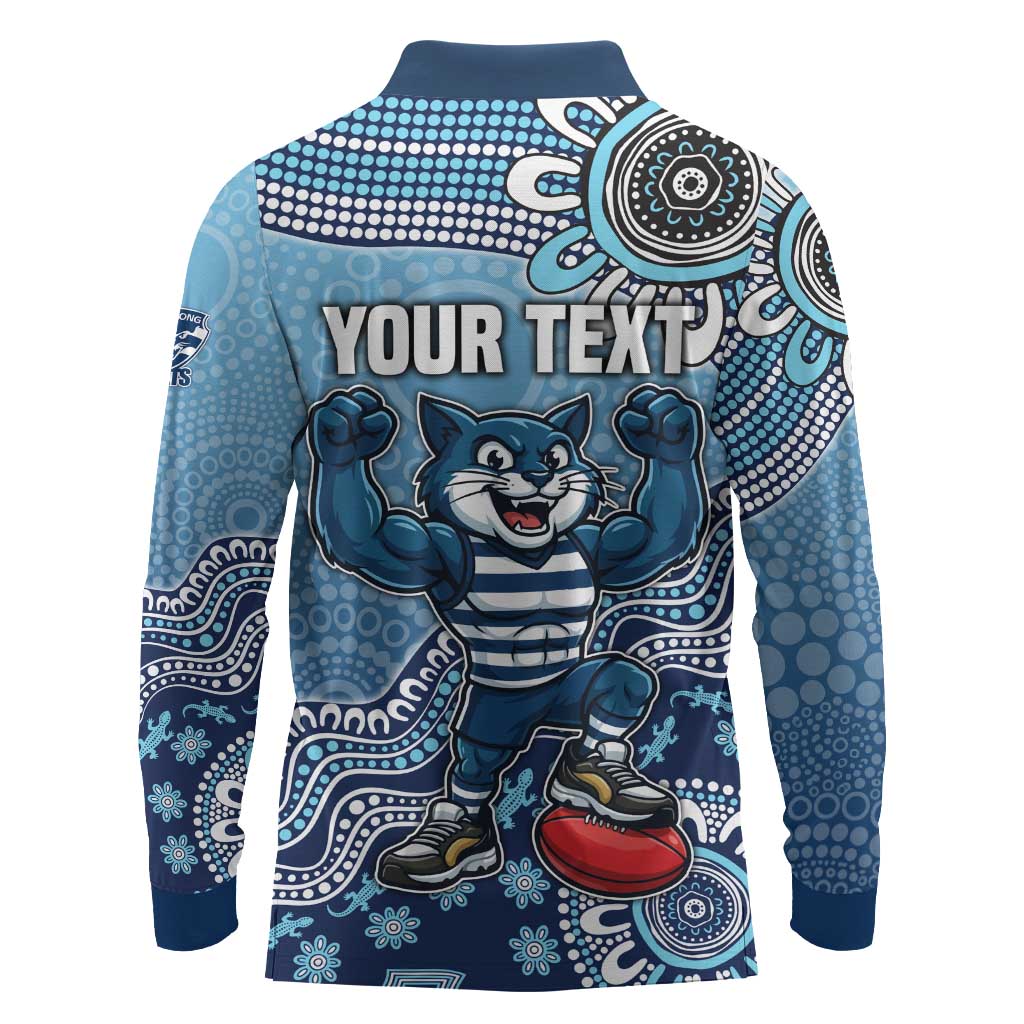 Personalized Geelong Cats Football Mascot Long Sleeve Polo Shirt Aboriginal Dot Art Style Vibrant Indigenous Pattern Design