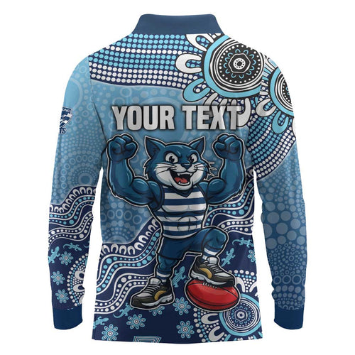 Personalized Geelong Cats Football Mascot Long Sleeve Polo Shirt Aboriginal Dot Art Style Vibrant Indigenous Pattern Design
