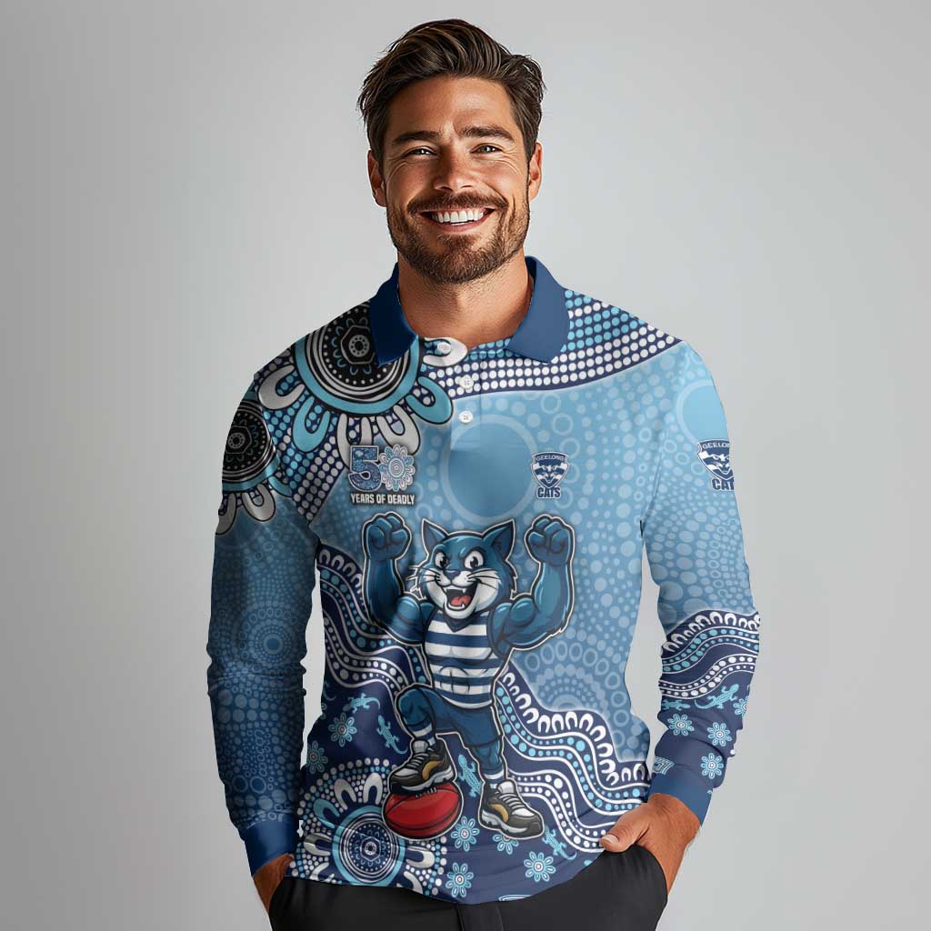 Personalized Geelong Cats Football Mascot Long Sleeve Polo Shirt Aboriginal Dot Art Style Vibrant Indigenous Pattern Design