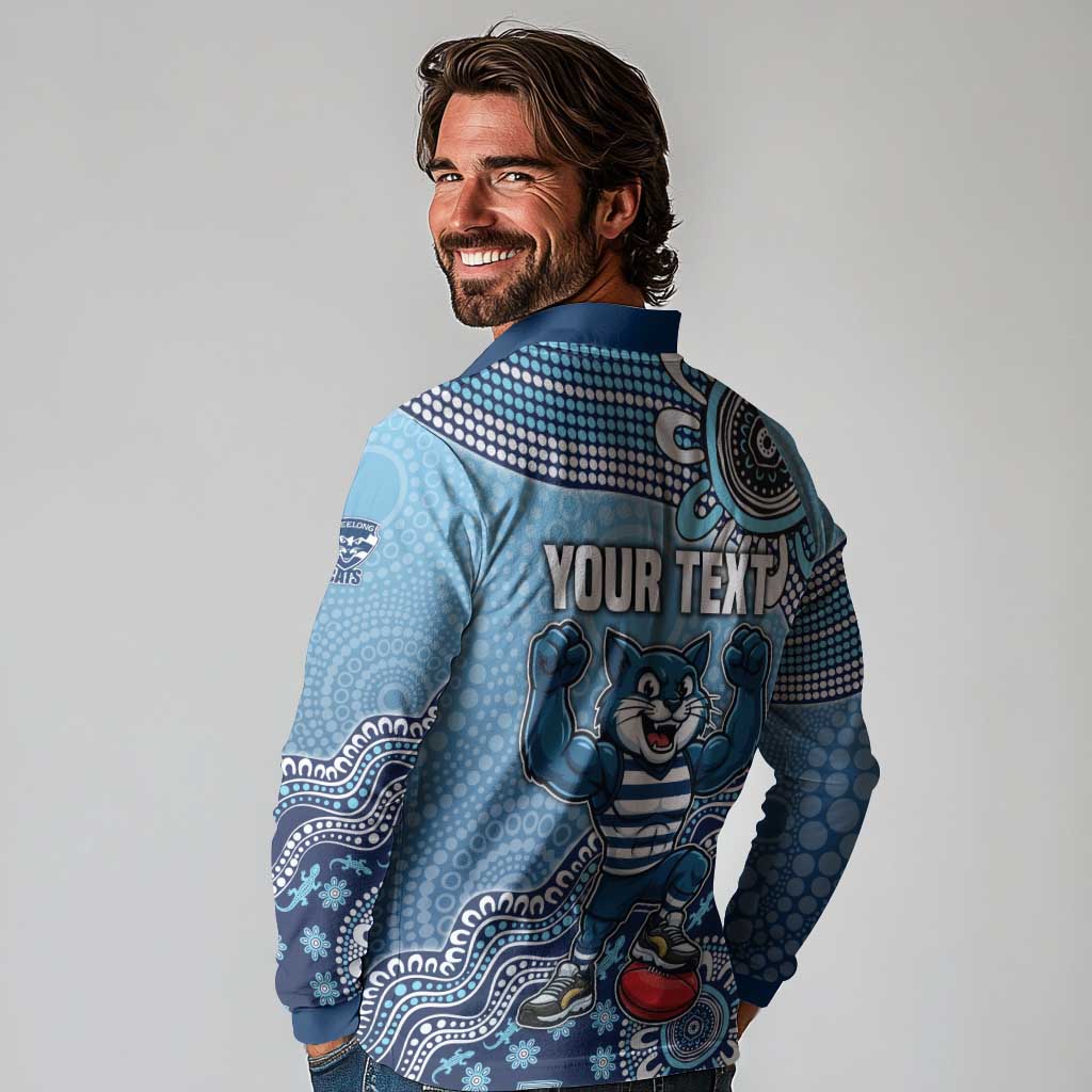 Personalized Geelong Cats Football Mascot Long Sleeve Polo Shirt Aboriginal Dot Art Style Vibrant Indigenous Pattern Design