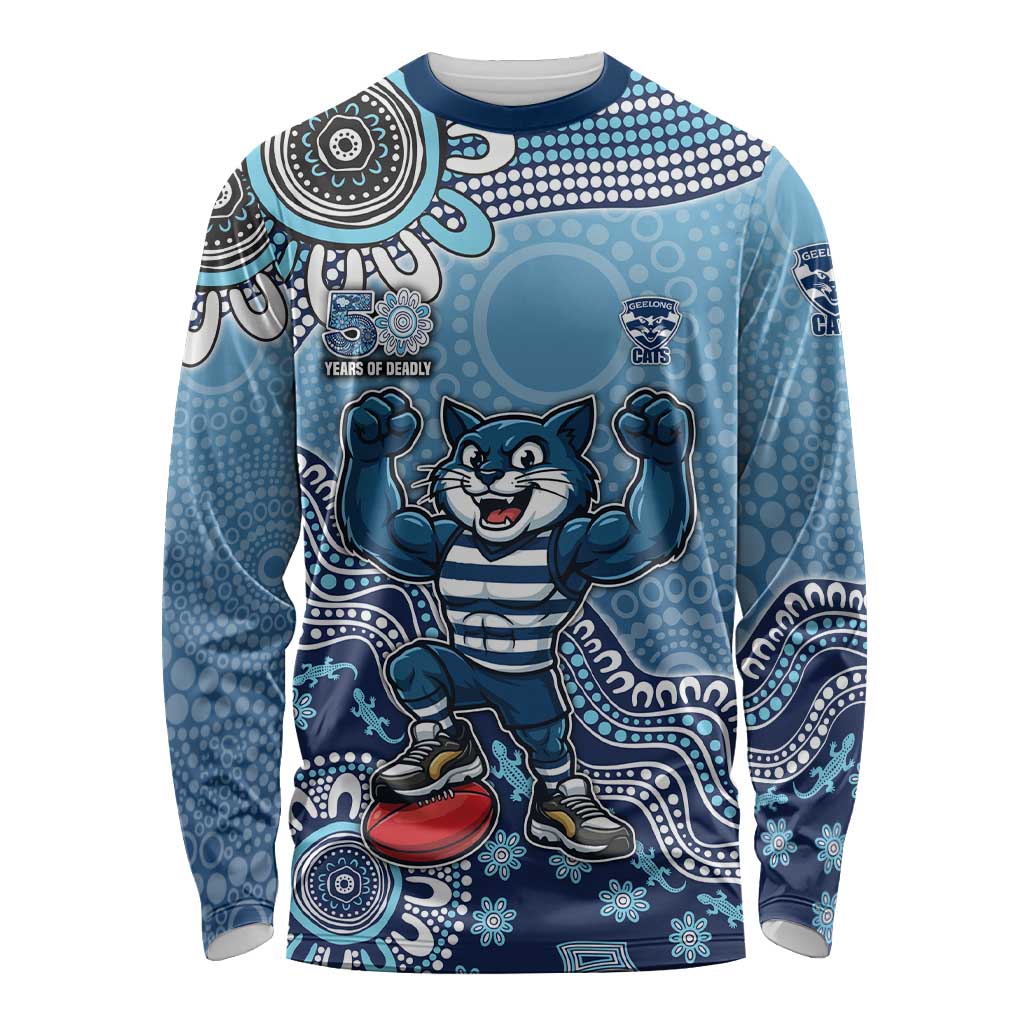 Personalized Geelong Cats Football Mascot Long Sleeve Shirt Aboriginal Dot Art Style Vibrant Indigenous Pattern Design