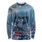 Personalized Geelong Cats Football Mascot Long Sleeve Shirt Aboriginal Dot Art Style Vibrant Indigenous Pattern Design