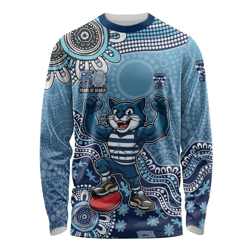 Personalized Geelong Cats Football Mascot Long Sleeve Shirt Aboriginal Dot Art Style Vibrant Indigenous Pattern Design
