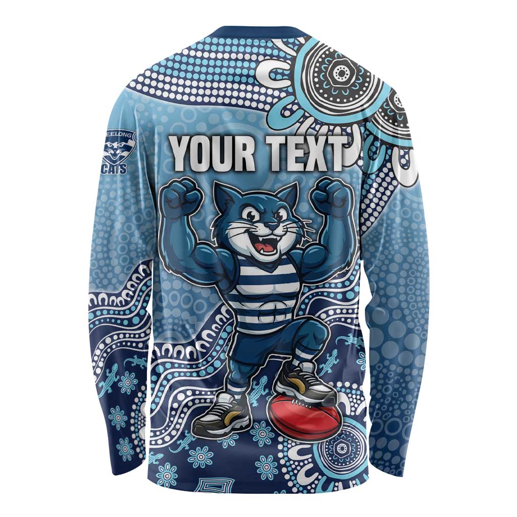 Personalized Geelong Cats Football Mascot Long Sleeve Shirt Aboriginal Dot Art Style Vibrant Indigenous Pattern Design