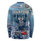 Personalized Geelong Cats Football Mascot Long Sleeve Shirt Aboriginal Dot Art Style Vibrant Indigenous Pattern Design
