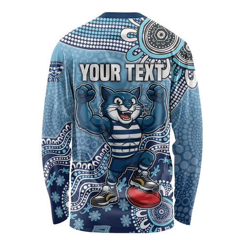 Personalized Geelong Cats Football Mascot Long Sleeve Shirt Aboriginal Dot Art Style Vibrant Indigenous Pattern Design