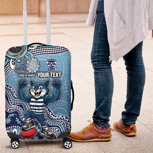 Personalized Geelong Cats Football Mascot Luggage Cover Aboriginal Dot Art Style Vibrant Indigenous Pattern Design