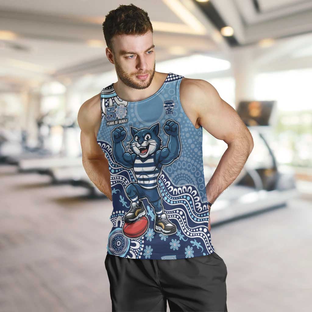 Personalized Geelong Cats Football Mascot Men Tank Top Aboriginal Dot Art Style Vibrant Indigenous Pattern Design
