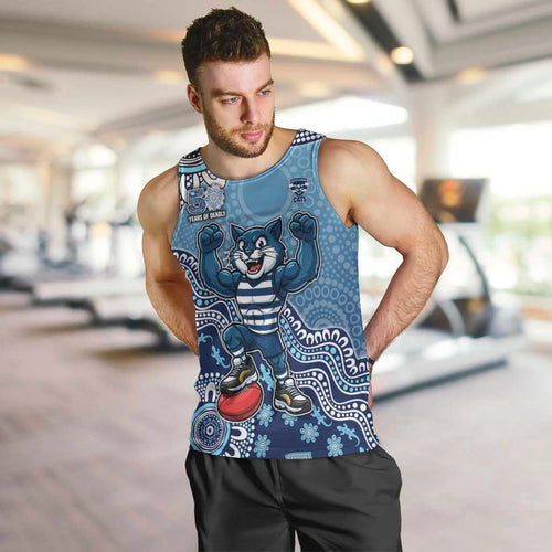 Personalized Geelong Cats Football Mascot Men Tank Top Aboriginal Dot Art Style Vibrant Indigenous Pattern Design