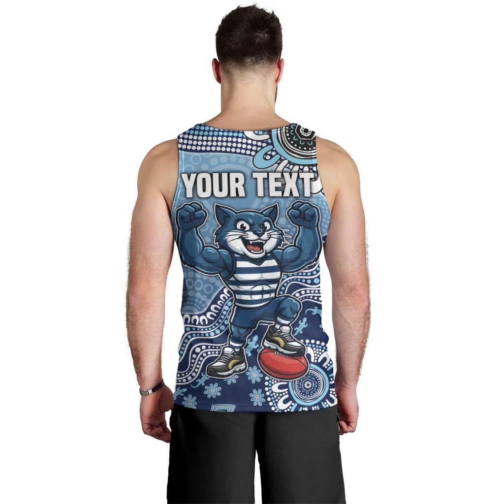 Personalized Geelong Cats Football Mascot Men Tank Top Aboriginal Dot Art Style Vibrant Indigenous Pattern Design