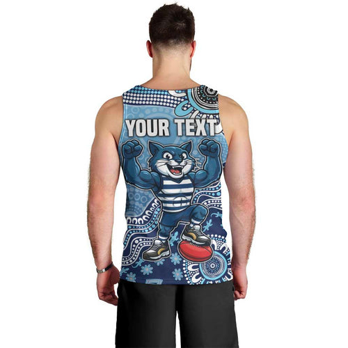 Personalized Geelong Cats Football Mascot Men Tank Top Aboriginal Dot Art Style Vibrant Indigenous Pattern Design