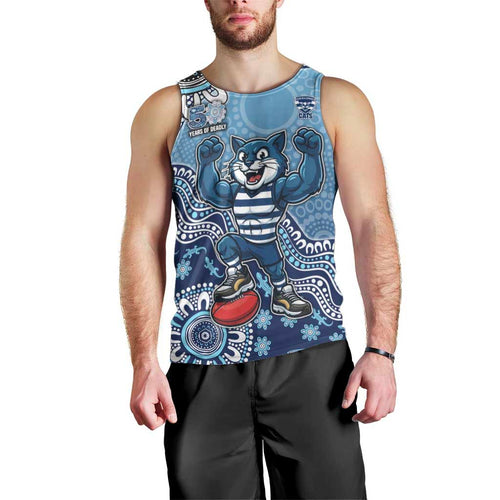 Personalized Geelong Cats Football Mascot Men Tank Top Aboriginal Dot Art Style Vibrant Indigenous Pattern Design