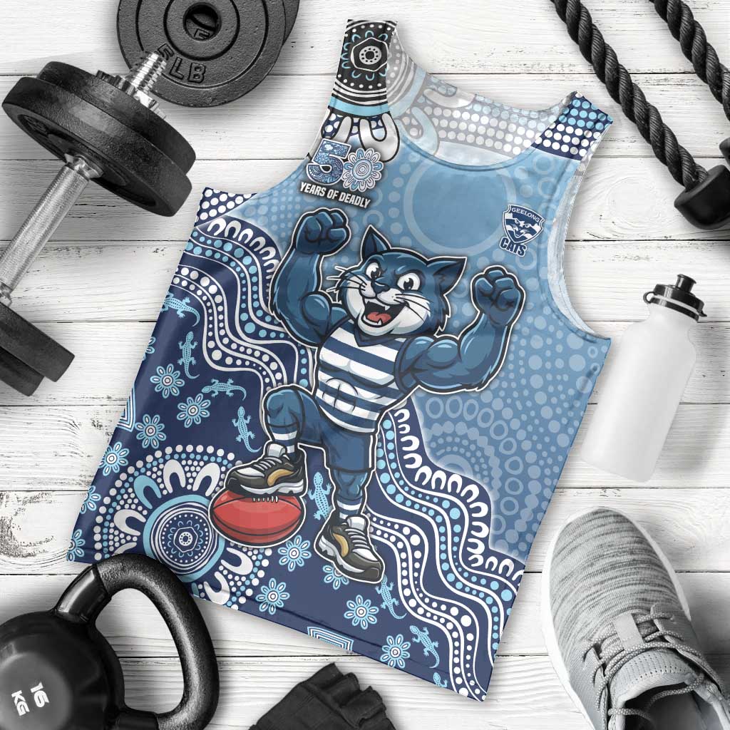 Personalized Geelong Cats Football Mascot Men Tank Top Aboriginal Dot Art Style Vibrant Indigenous Pattern Design