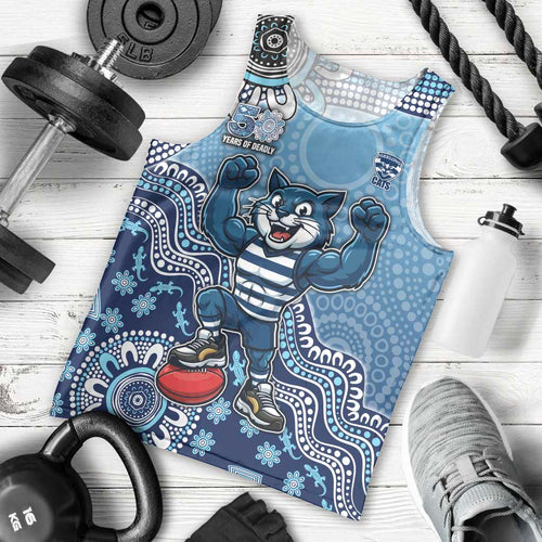 Personalized Geelong Cats Football Mascot Men Tank Top Aboriginal Dot Art Style Vibrant Indigenous Pattern Design