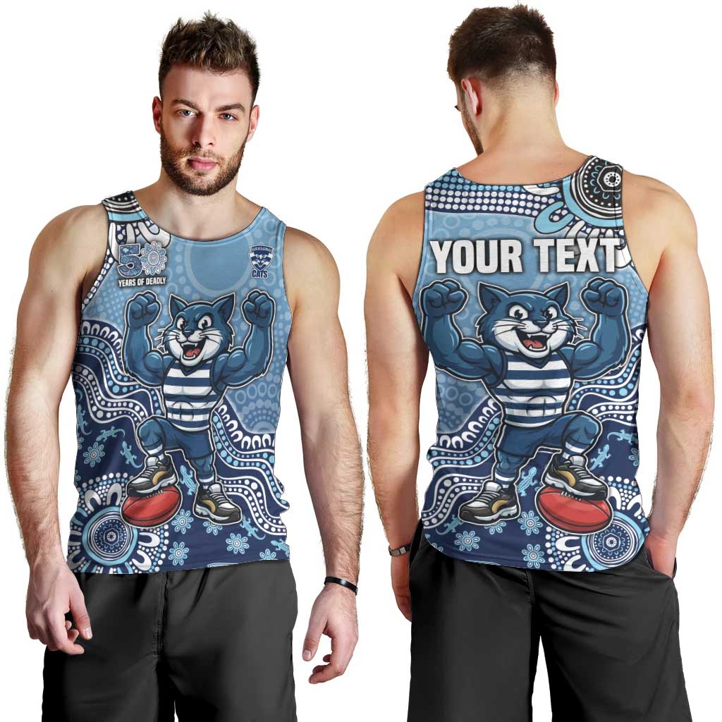 Personalized Geelong Cats Football Mascot Men Tank Top Aboriginal Dot Art Style Vibrant Indigenous Pattern Design