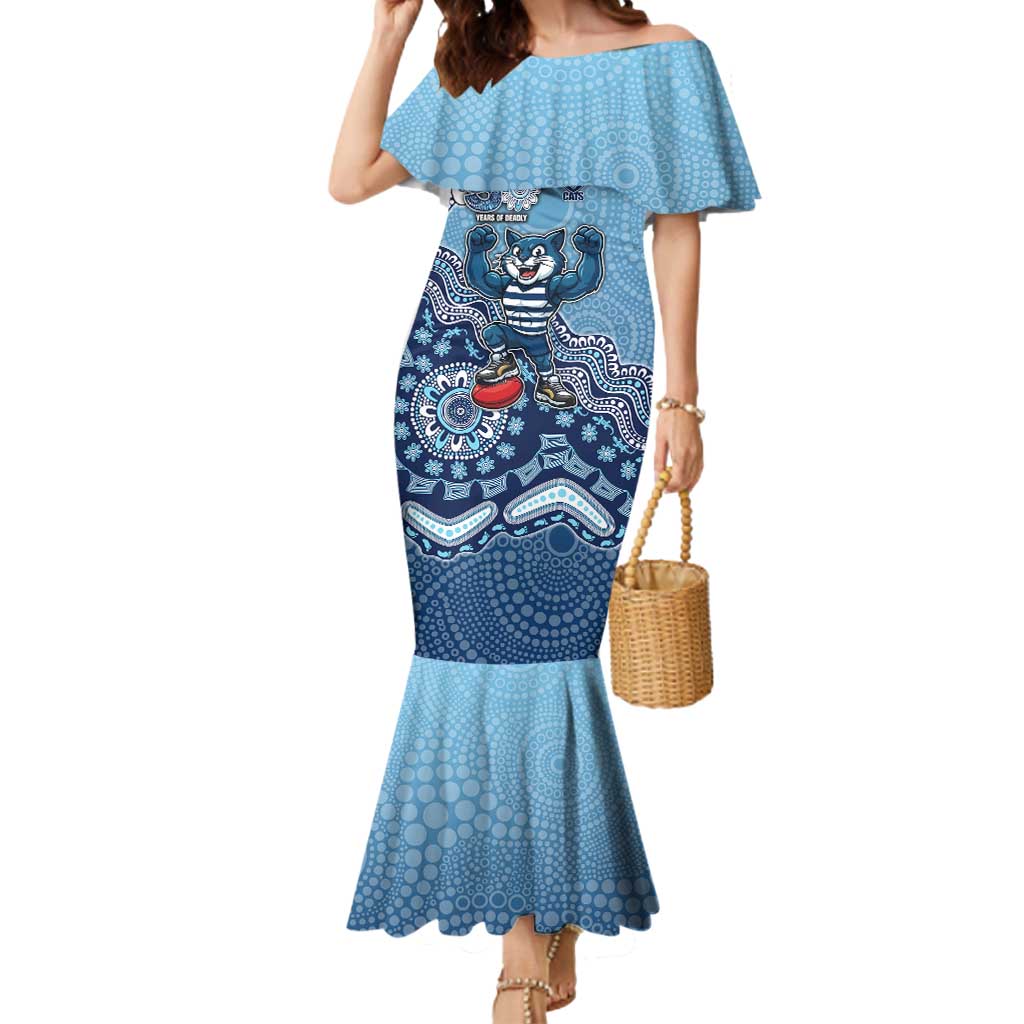 Personalized Geelong Cats Football Mascot Mermaid Dress Aboriginal Dot Art Style Vibrant Indigenous Pattern Design