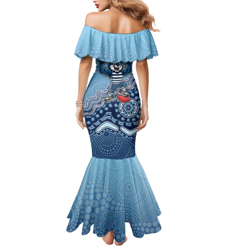 Personalized Geelong Cats Football Mascot Mermaid Dress Aboriginal Dot Art Style Vibrant Indigenous Pattern Design