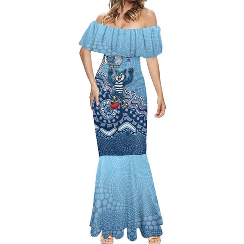 Personalized Geelong Cats Football Mascot Mermaid Dress Aboriginal Dot Art Style Vibrant Indigenous Pattern Design