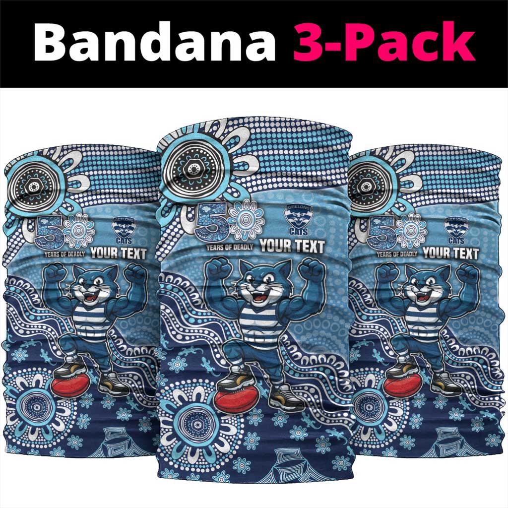 Personalized Geelong Cats Football Mascot Neck Gaiter Aboriginal Dot Art Style Vibrant Indigenous Pattern Design