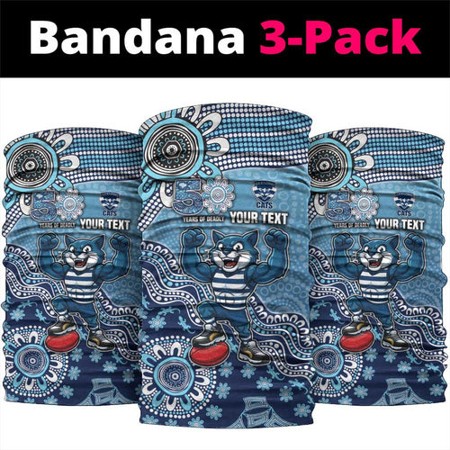 Personalized Geelong Cats Football Mascot Neck Gaiter Aboriginal Dot Art Style Vibrant Indigenous Pattern Design