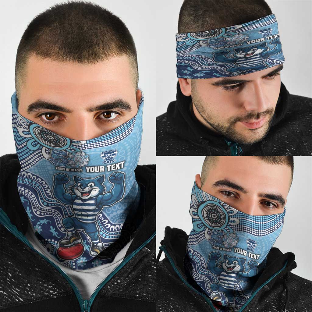 Personalized Geelong Cats Football Mascot Neck Gaiter Aboriginal Dot Art Style Vibrant Indigenous Pattern Design
